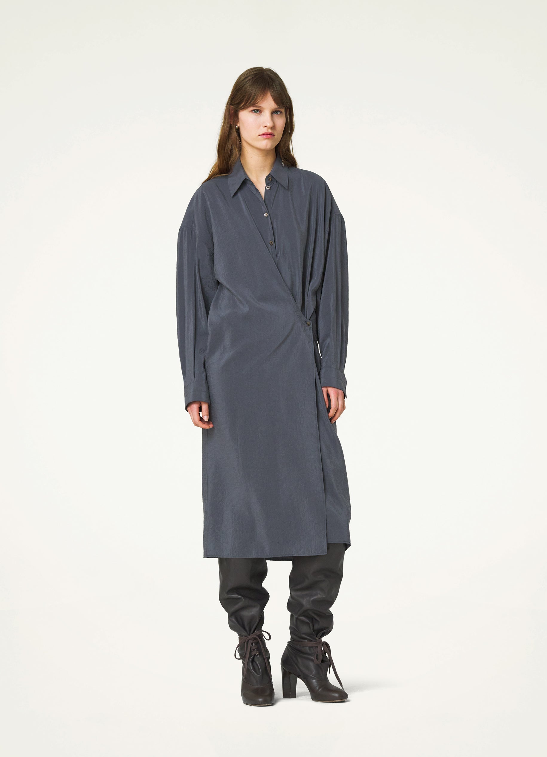 Asphalt Grey Straight Collar Twisted Dress in Dry Silk | LEMAIRE