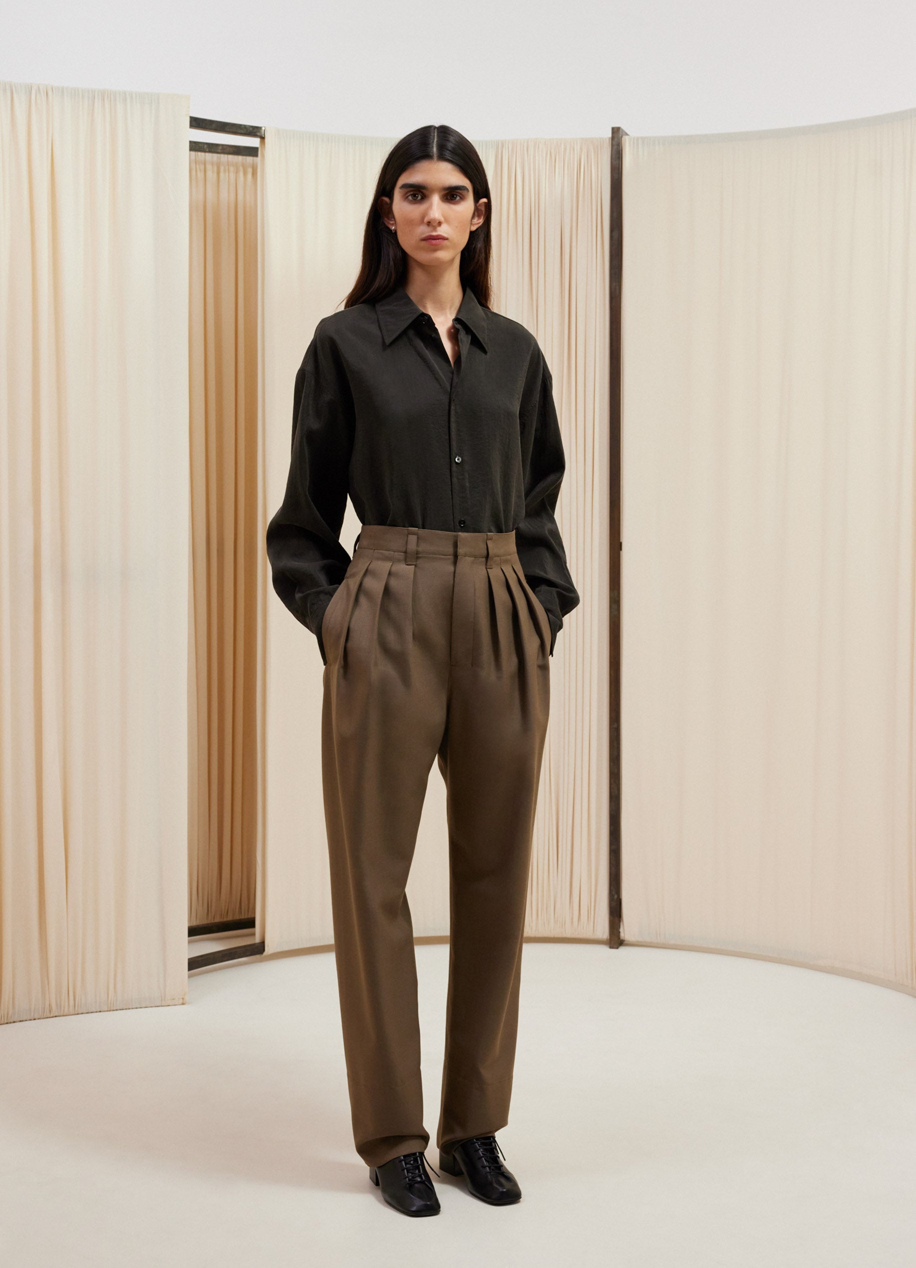 Taupe Melange Pleated Tailored Pants in Tropical Poly Wool | LEMAIRE
