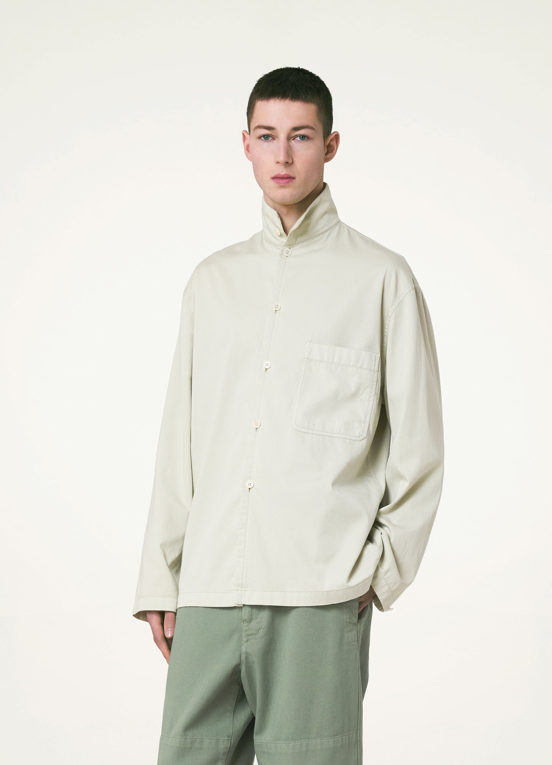 Light Sage Green Stand Collar Shirt in Garment Dyed Light Cotton Satin |  LEMAIRE
