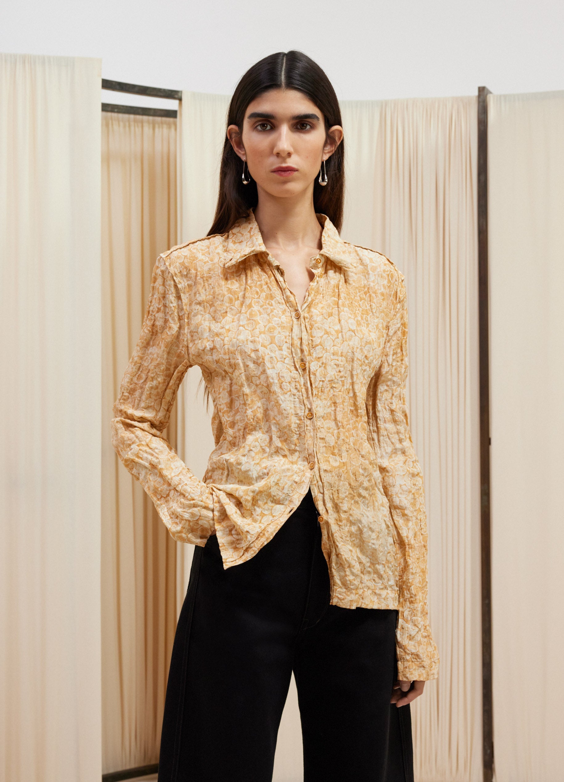 Apricot/Chalk Crinkled Fitted Shirt in Printed Crinkle Silk Mix