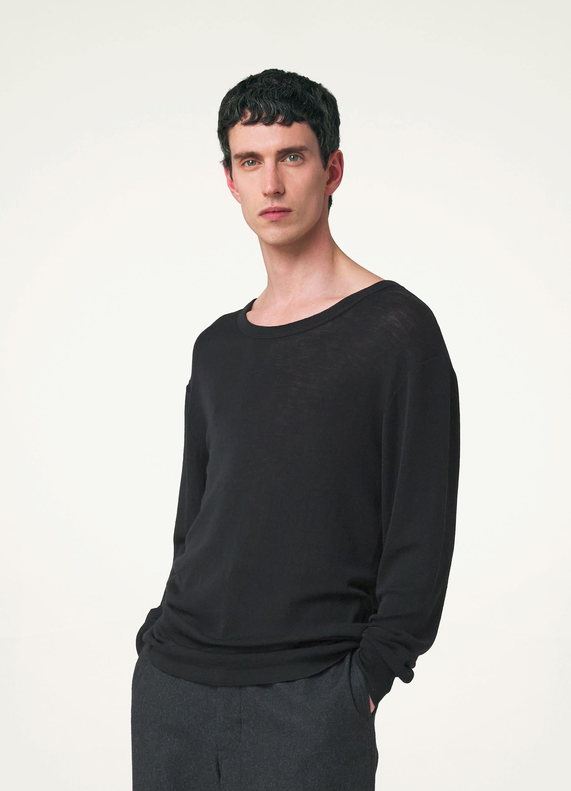 Black Seamless Long Sleeve T-Shirt in Wool Silk Jersey