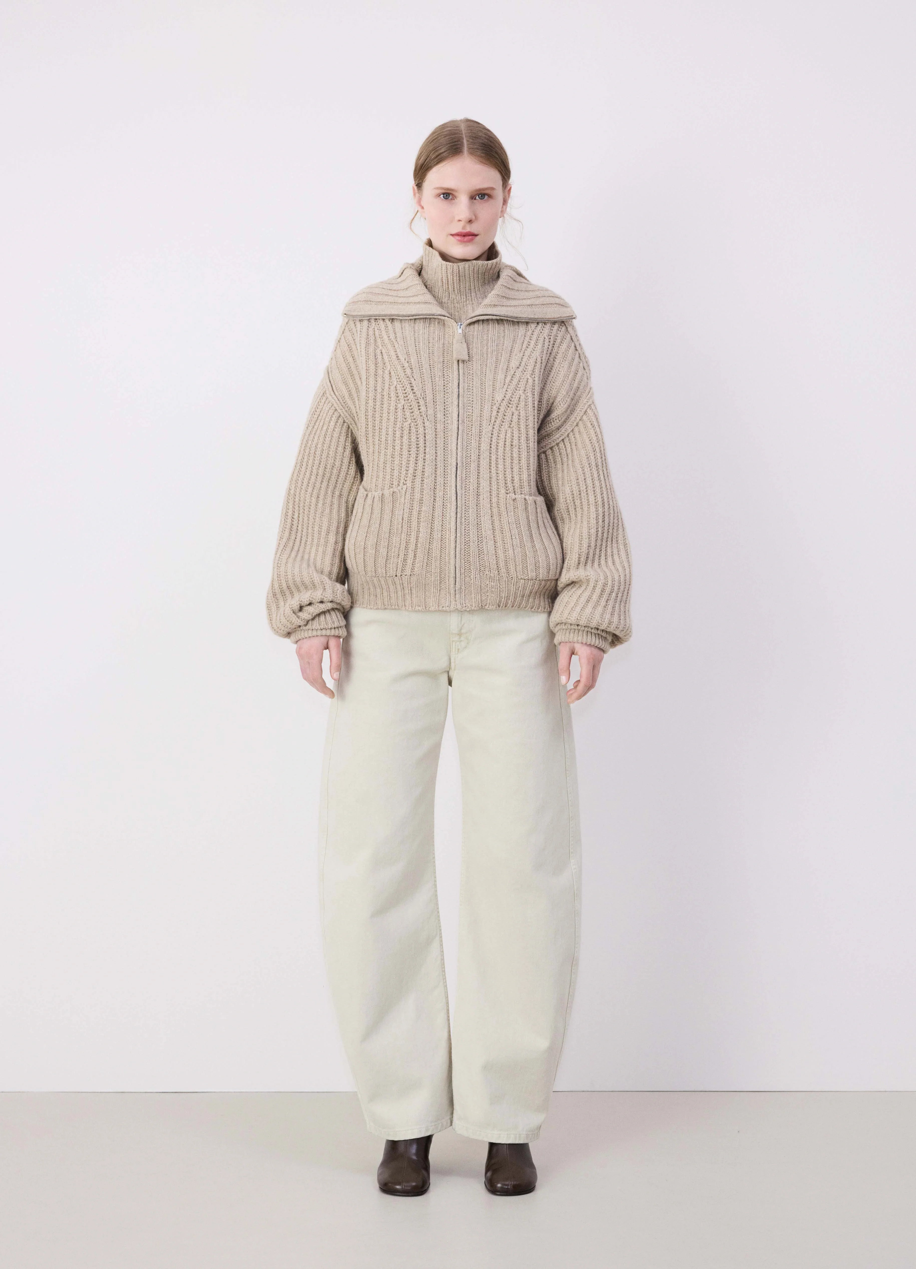 Natural Beige Trucker Collar Zipped Cardigan | LEMAIRE Natural Beige Trucker Collar Zipped Cardigan | LEMAIRE