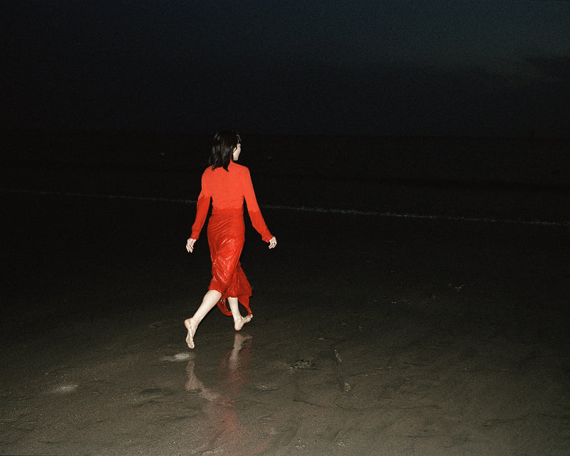 Red dress in Bright red fabric, model shot, Back view Fitted long sleeves