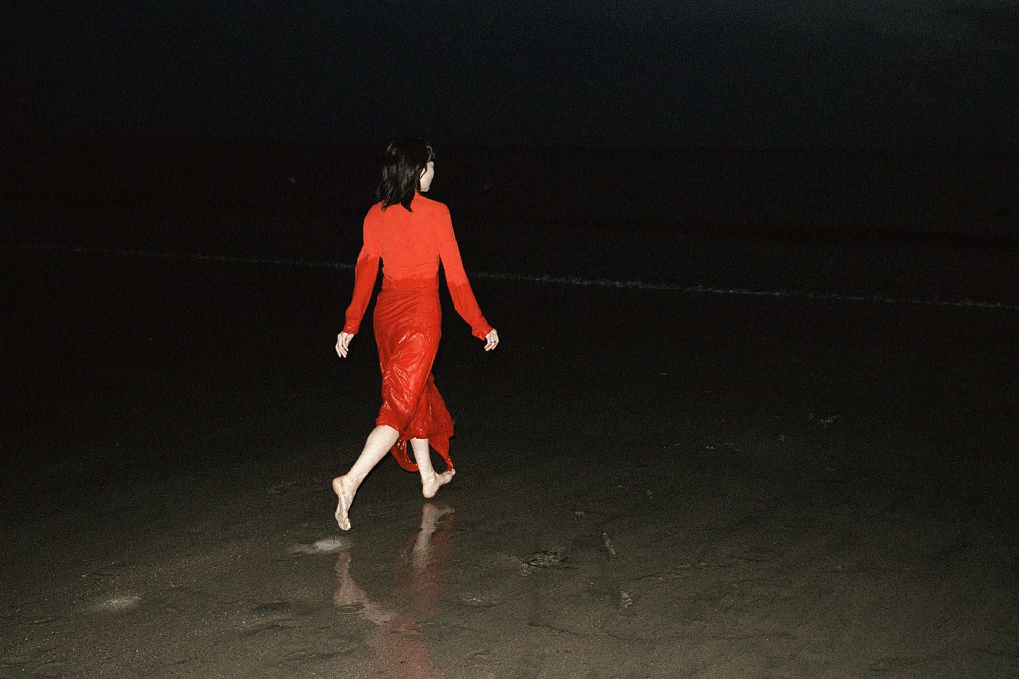 Red dress in Bright red fabric, Back view Long sleeve, fitted
