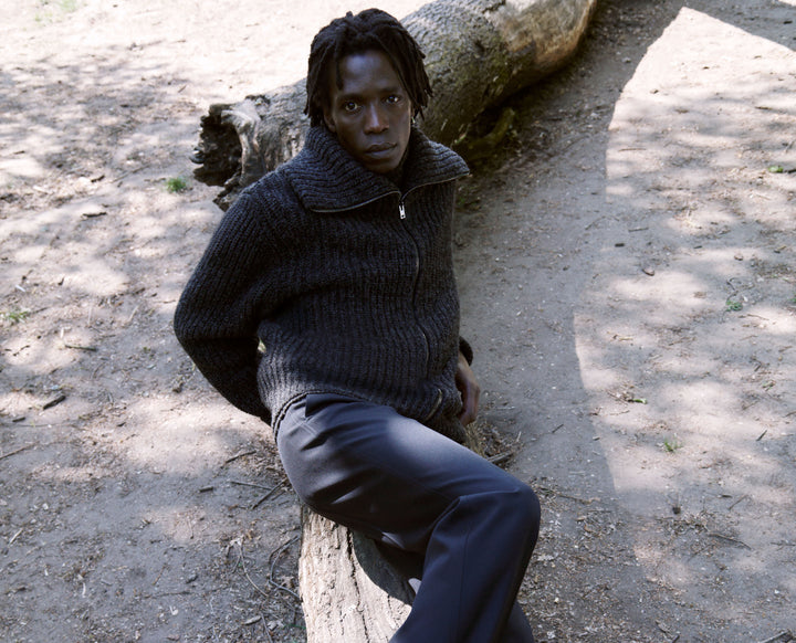 Knit sweater in Dark gray wool, Worn view Chunky knit, zip collar