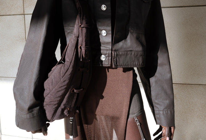 Brown cropped jacket in Dark brown fabric, model shot, Front view Wide sleeve, fitted waist