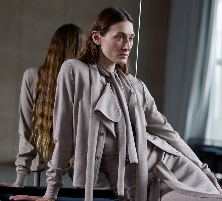 Beige cardigan set in Beige knit, model shot, Front worn view Layered and draped