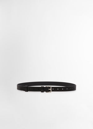 Lemaire Reversed Belt 25 in Black Vegetable-Tanned Leather, product shot, Front View Brush Silver Buckle