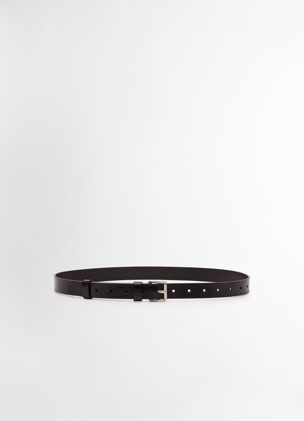 Lemaire Reversed Belt 25 in Smooth Vegetable Leather, product shot, Front view Bright shine brush silver buckle
