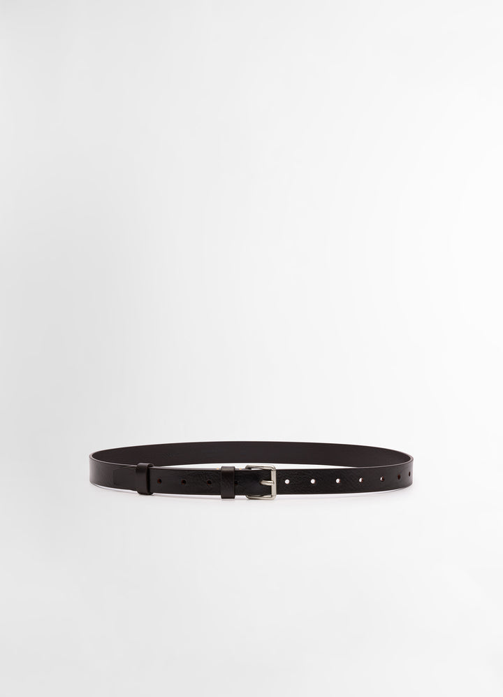 Lemaire Reversed Belt 25 in Smooth Vegetable Leather, product shot, Front view Bright shine brush silver buckle