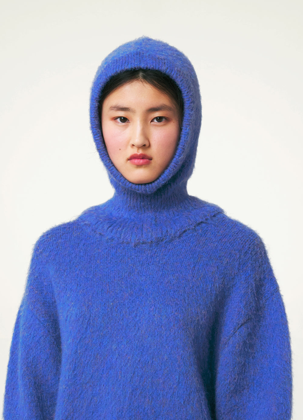 Brushed Hood in Mohair Wool, model shot, Front View Snug Fit, Rib Knitting