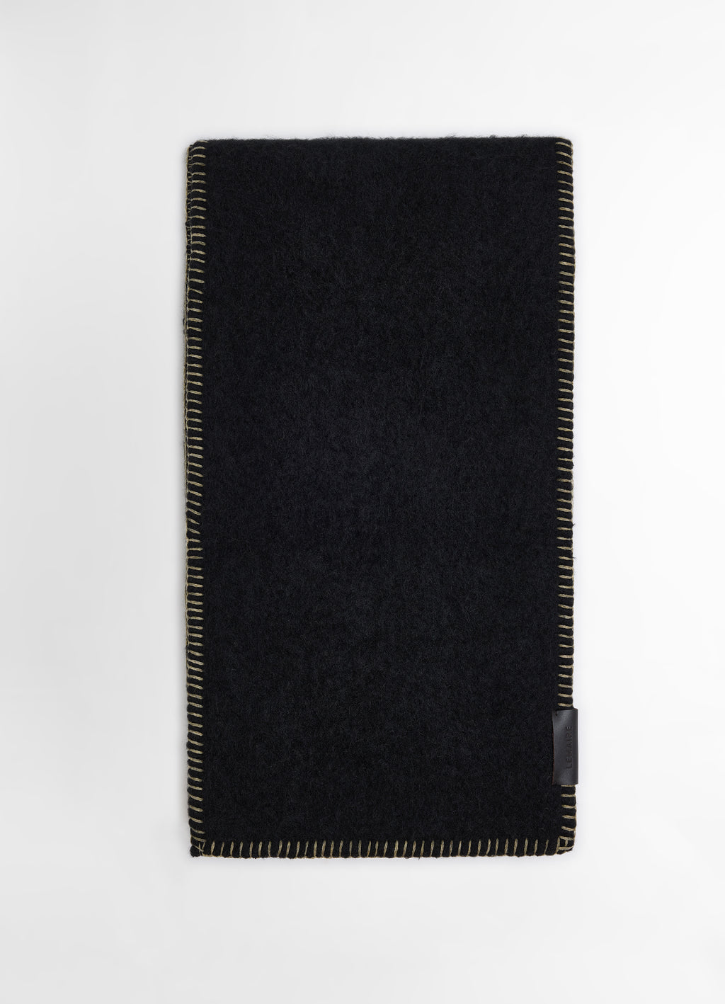 Cocotte Fluffy Scarf in Black Alpaca Wool, product shot, top view stitched border detail