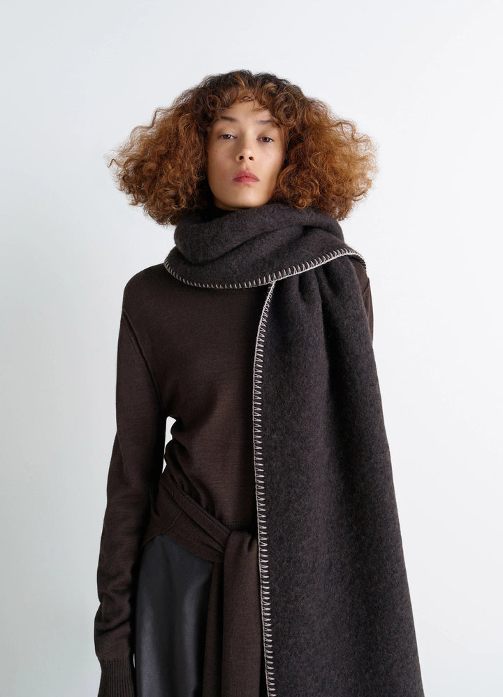 Lemaire Cocotte Fluffy Scarf in Fluffy Alpaca with Cocotte-stitch, model shot, front view wrapped style context