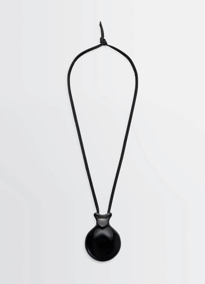 Lemaire Necklace with Castanets in Black, product shot, Front view Simple cord design
