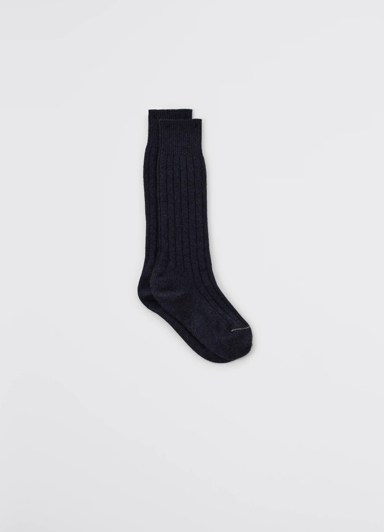 Lemaire chunky socks in black cashmere, product shot, side view ribbed design