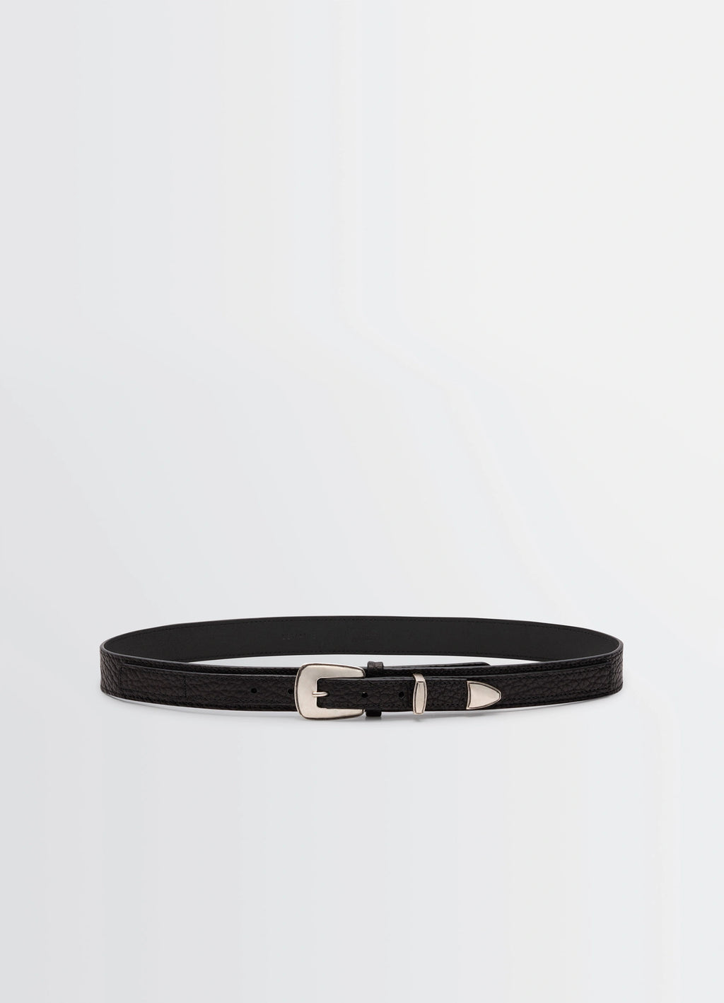 Minimal Western Belt in Grained Leather, product shot, Front view Double fastening system