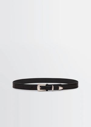 Minimal Western Belt in Grained Leather, product shot, Front view Double fastening system