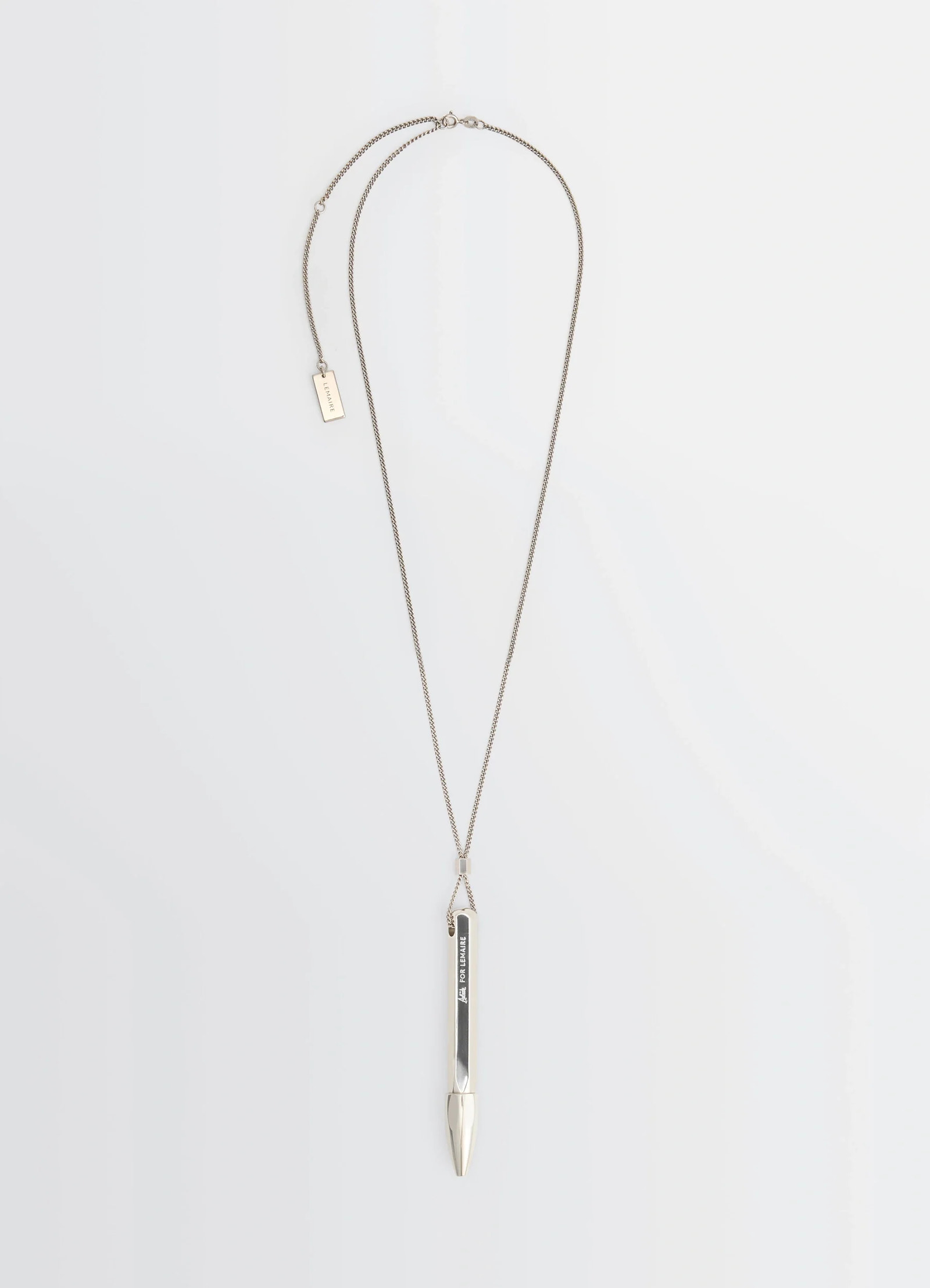 Aubock pen necklace in silver metal, product shot, front view minimal design