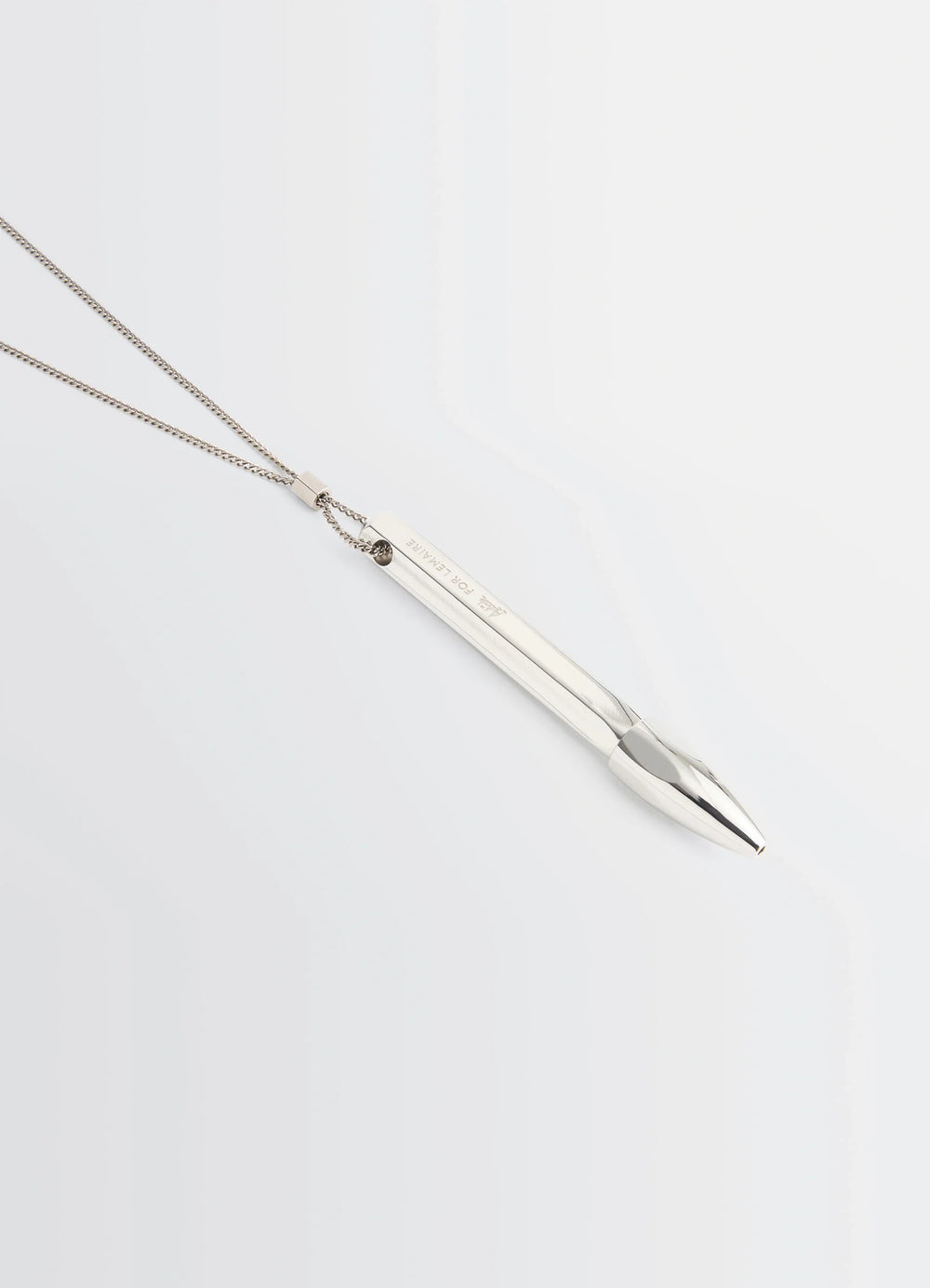 Aubock Pen Necklace in Silver Metal, product shot, angled side view floating on background