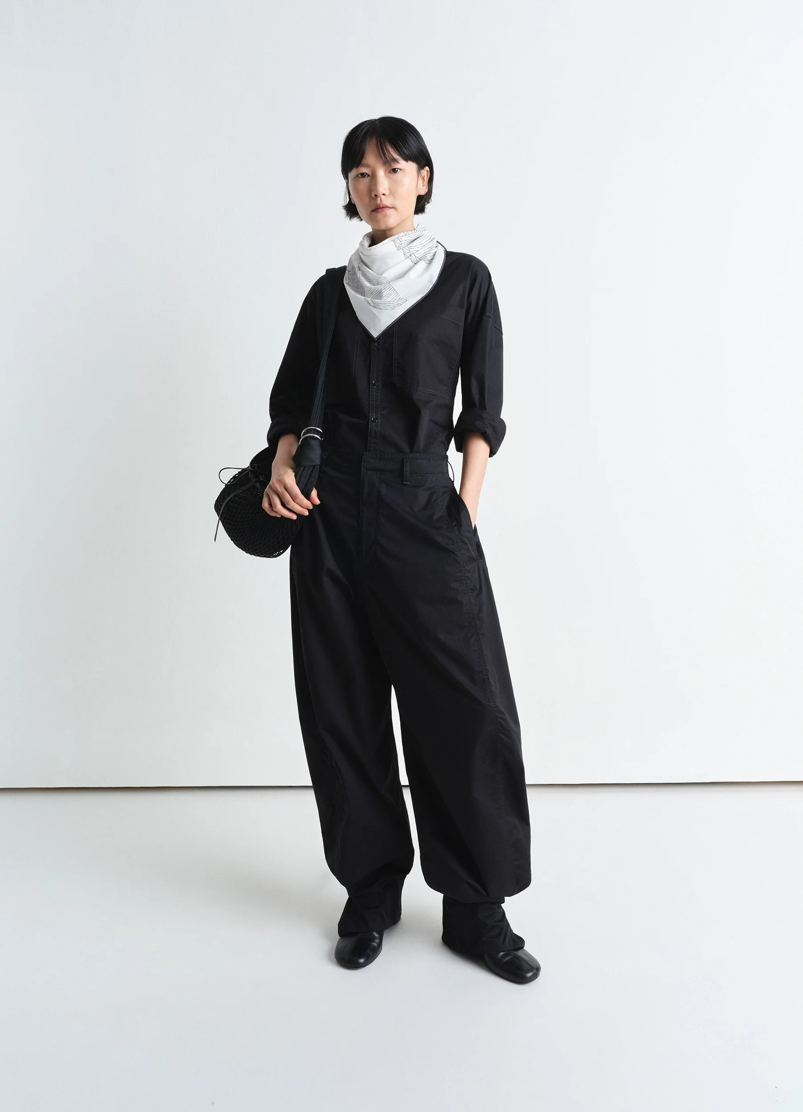 Philippe weisbecker bandana in 60 green houses cotton, model shot, three-quarter view wrapped around neck