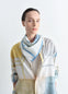 Philippe Weisbecker Silk Square in Silk Blue Chair Print, model shot, Front view Worn as scarf
