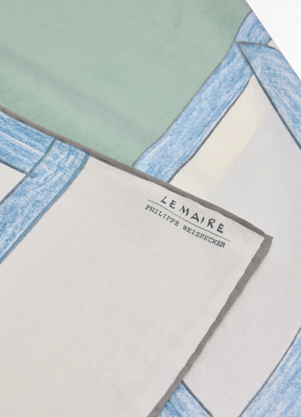 Philippe Weisbecker Silk Square in Silk Blue Chair Print, product shot, angled detail shot border and print focus