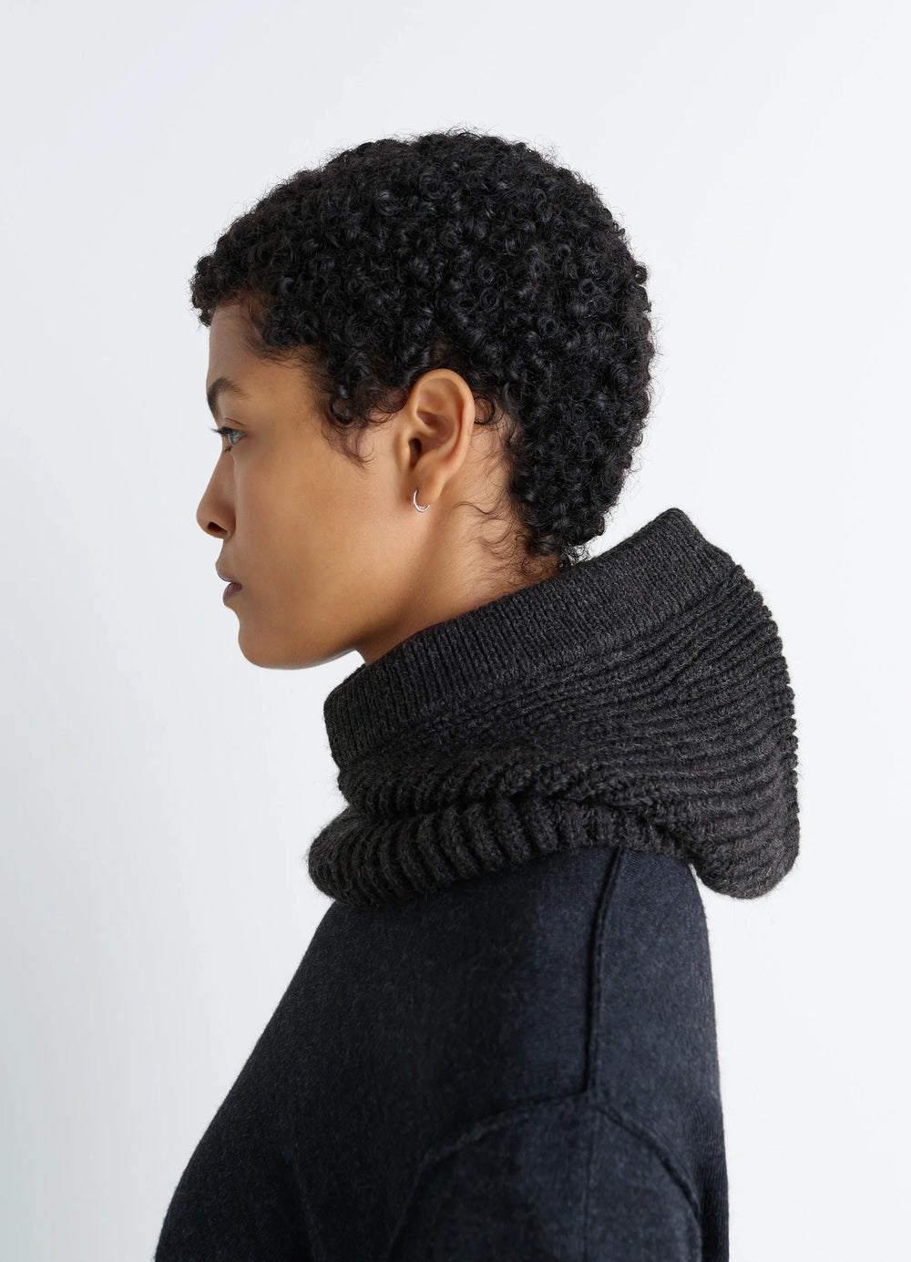 HOOD Ribbed Wool and Alpaca Blend in Dark Charcoal Wool Alpaca, model shot, profile view oversized hood