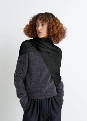 Lemaire Wrap Scarf in Black Wool-Alpaca Blend, model shot, Side view Layered styling