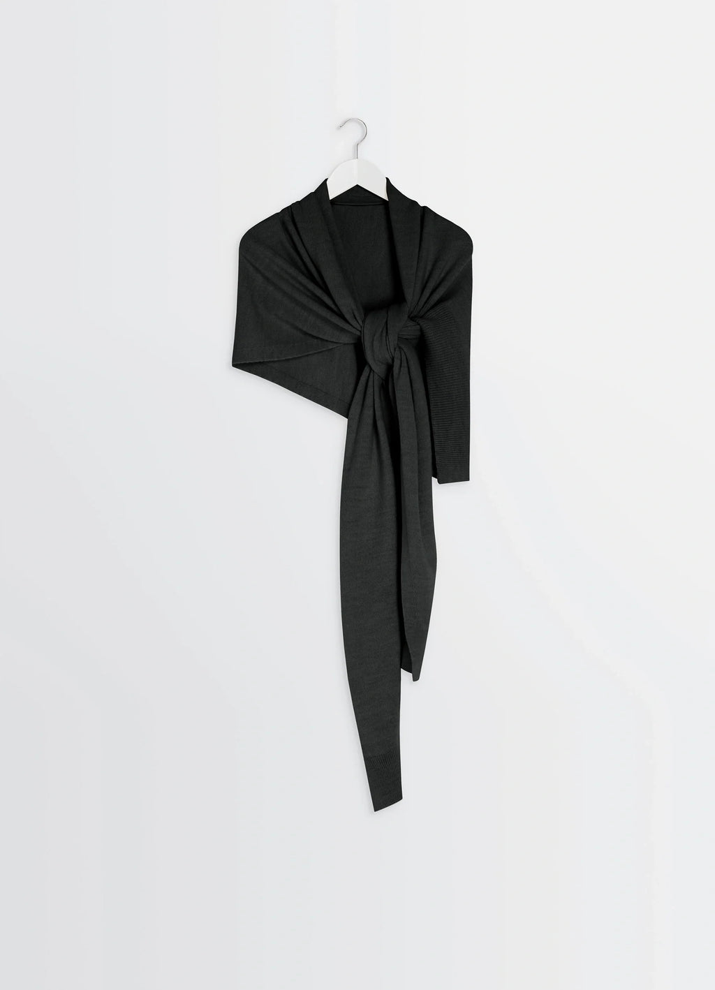Lemaire Wrap Scarf in Black Wool-Alpaca Blend, product shot, front view knotted detail