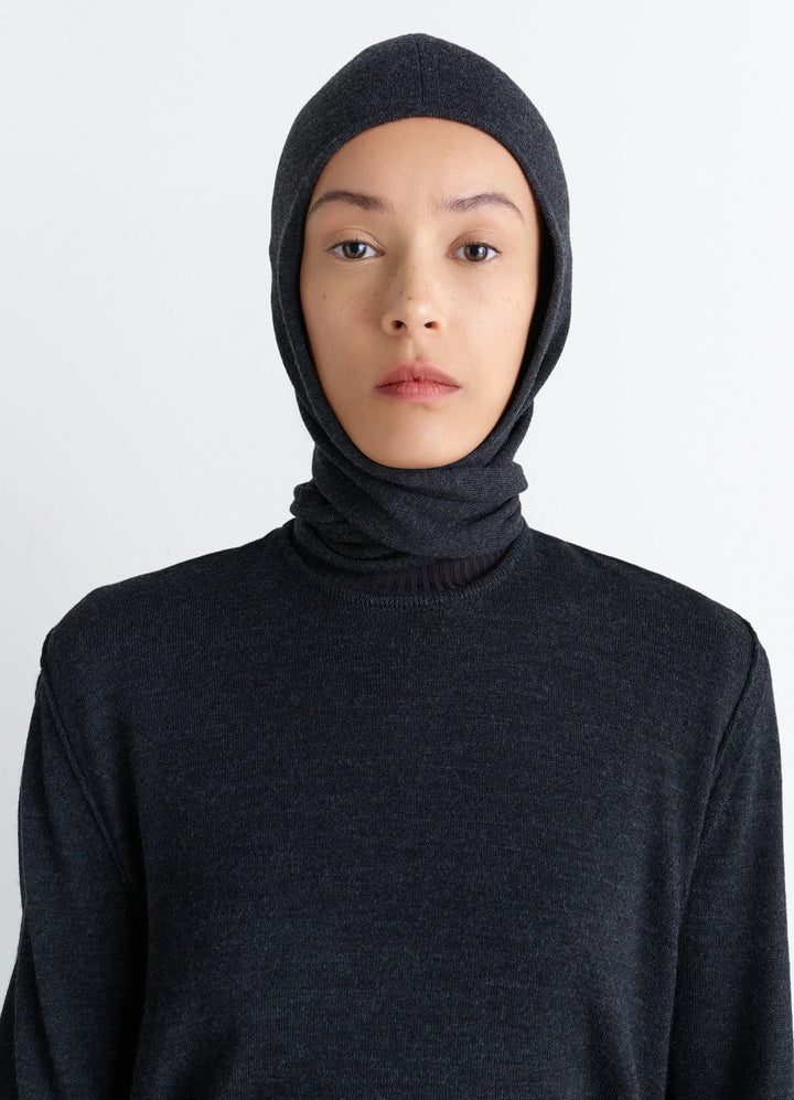 Head Scarf in Charcoal Wool, model shot, front view fitted cut