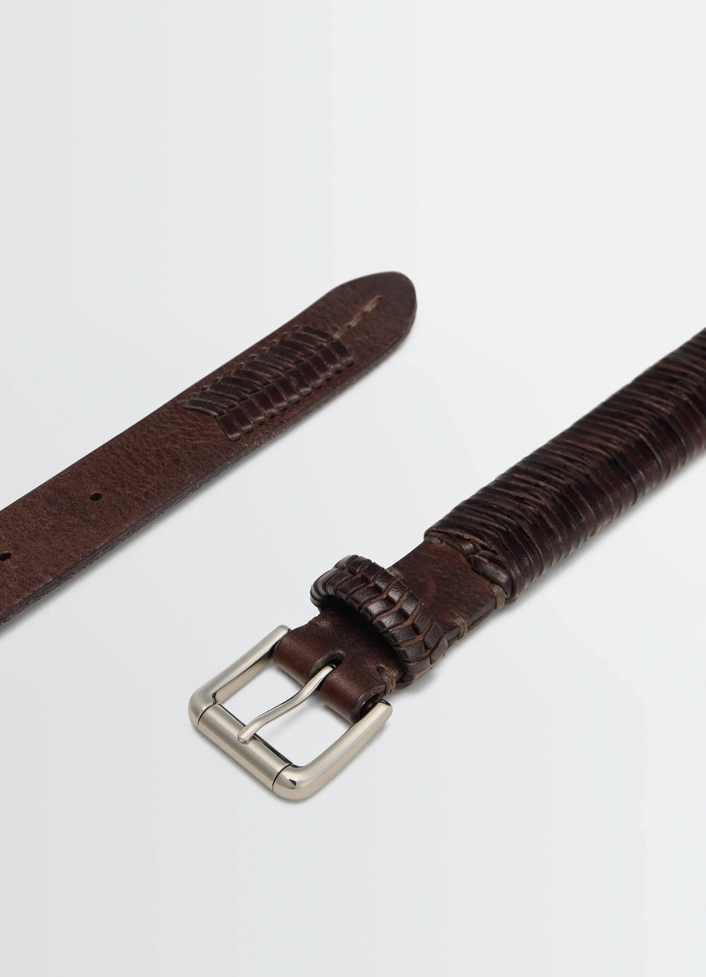 Weaved Belt 25 in Shiny Braided Leather, product shot, angled buckle close-up woven leather texture