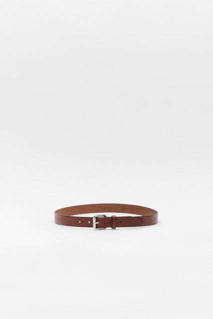 RAIL BELT 25 in Brown Leather, product shot, Front view Thin belt with buckle