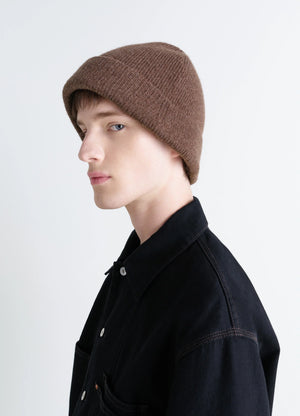 Wool Blend Beanie in Brown Double-Faced Wool, model shot, Side view Thick knit texture