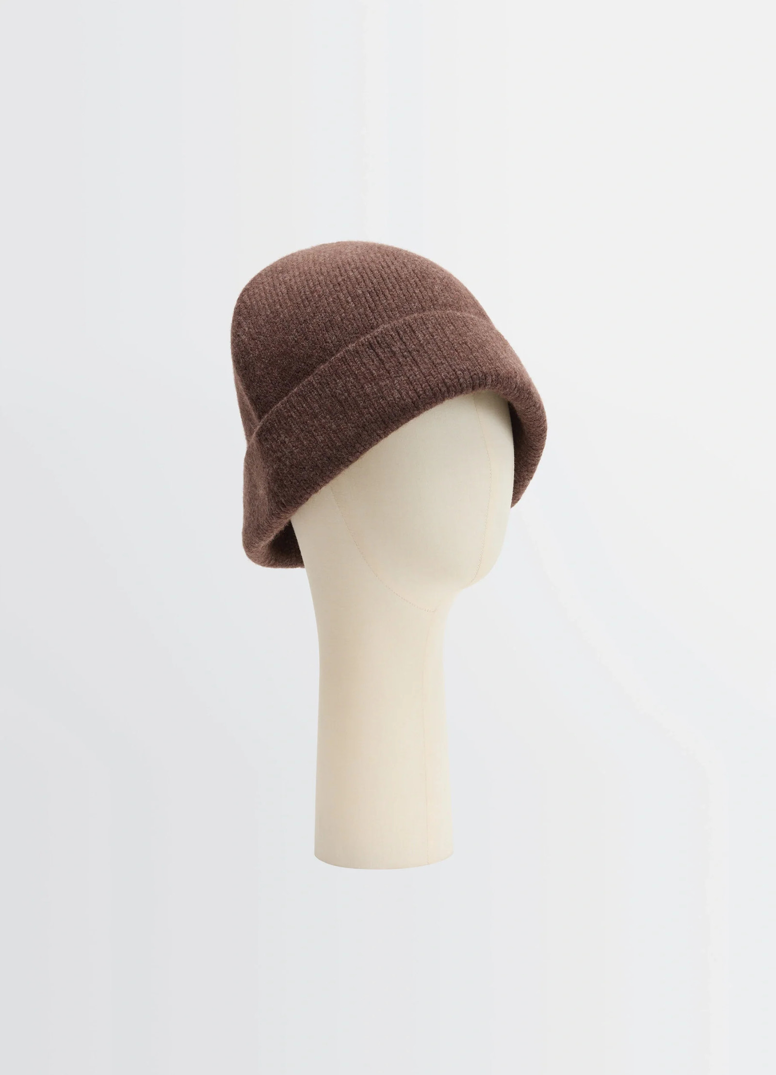 Wool blend beanie in brown double-faced wool, product shot, three-quarter view folded cuff design