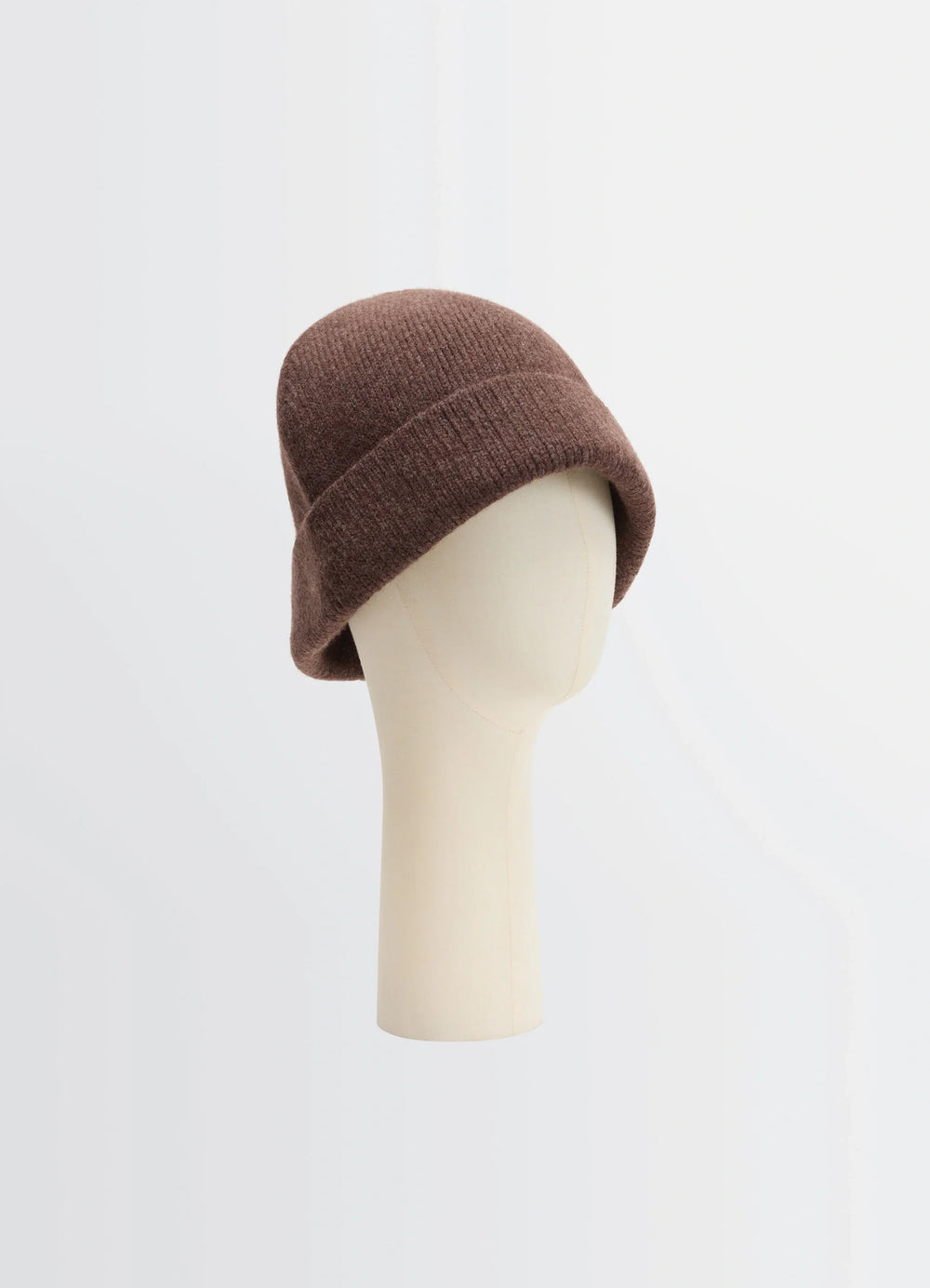 Wool Blend Beanie in Brown Double-Faced Wool, product shot, three-quarter view folded cuff design