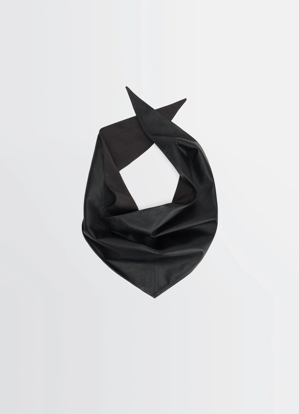 Leather Triangle Scarf in Black Nappa Lamb Leather, product shot, top view looped design