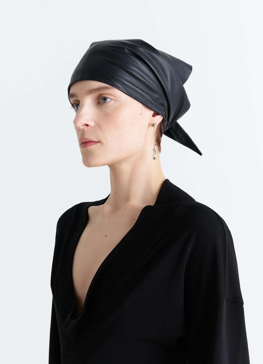 Leather Triangle Scarf in Black Nappa Lamb Leather, model shot, Side view Triangular headscarf