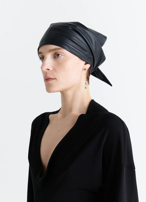 Leather Triangle Scarf in Black Nappa Lamb Leather, model shot, Side view Triangular headscarf