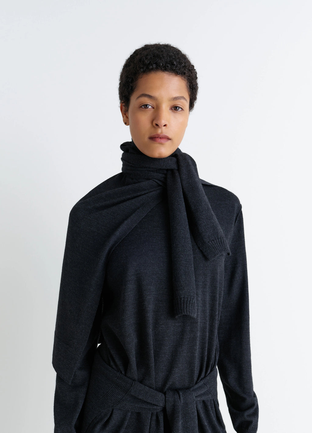 Lemaire Trompe LOeil Scarf in Dark Merino Wool, model shot, front view knitted layered look