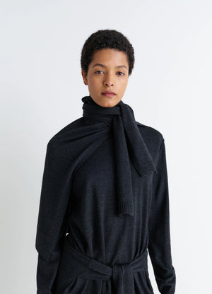 Lemaire Trompe LOeil Scarf in Dark Merino Wool, model shot, front view knitted layered look