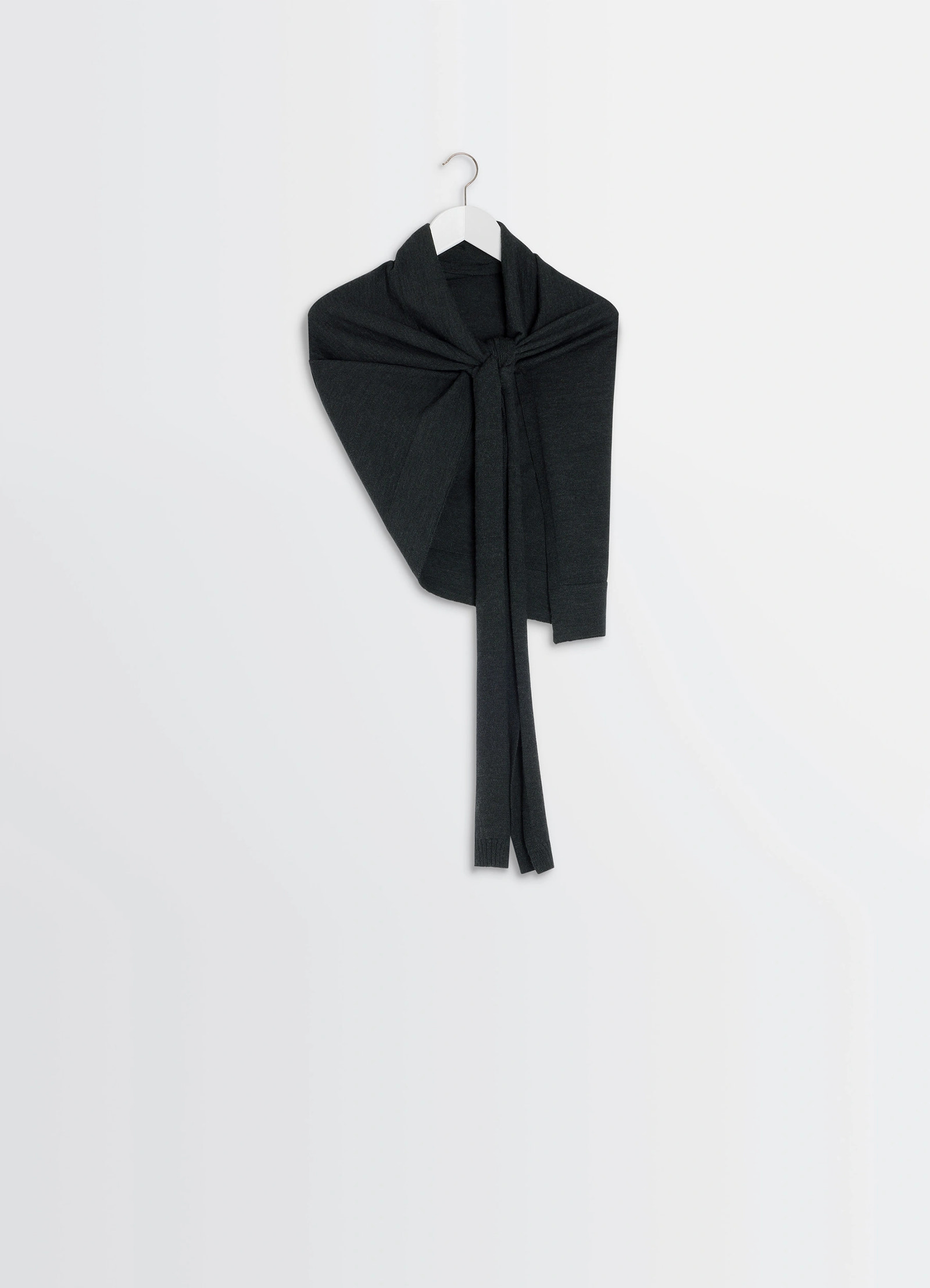 Lemaire trompe loeil scarf in dark merino wool, product shot, detail shot draped on hanger
