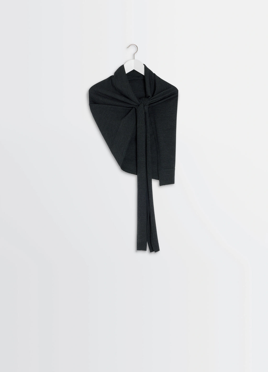 Lemaire Trompe LOeil Scarf in Dark Merino Wool, product shot, detail shot draped on hanger