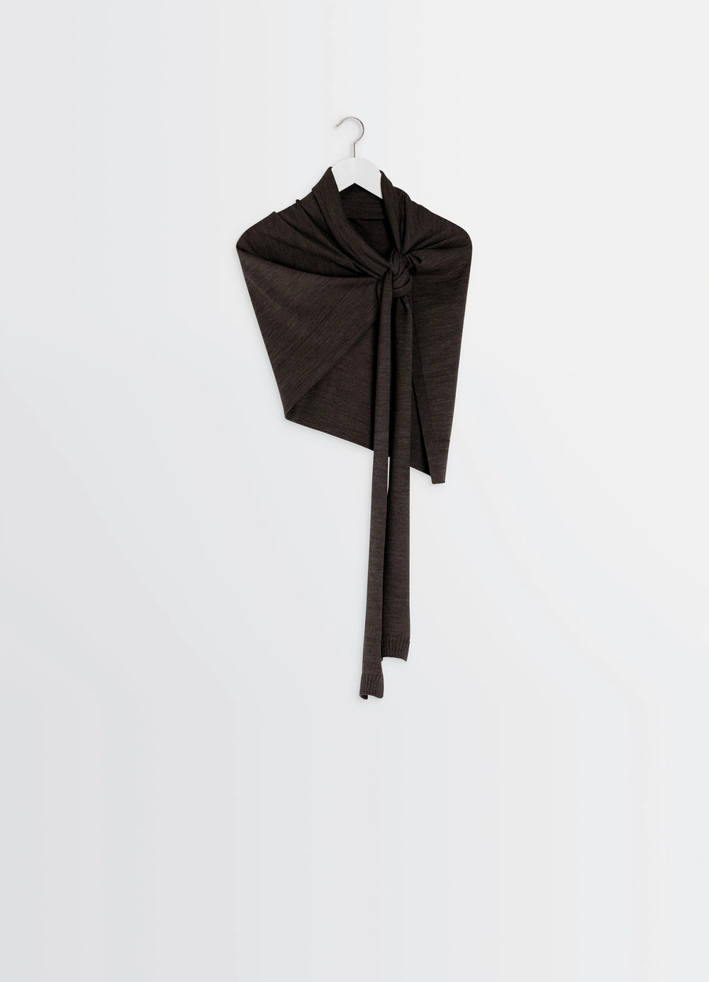 Trompe LOeil Scarf in Blended Merino Wool, product shot, hanger display view knotted design