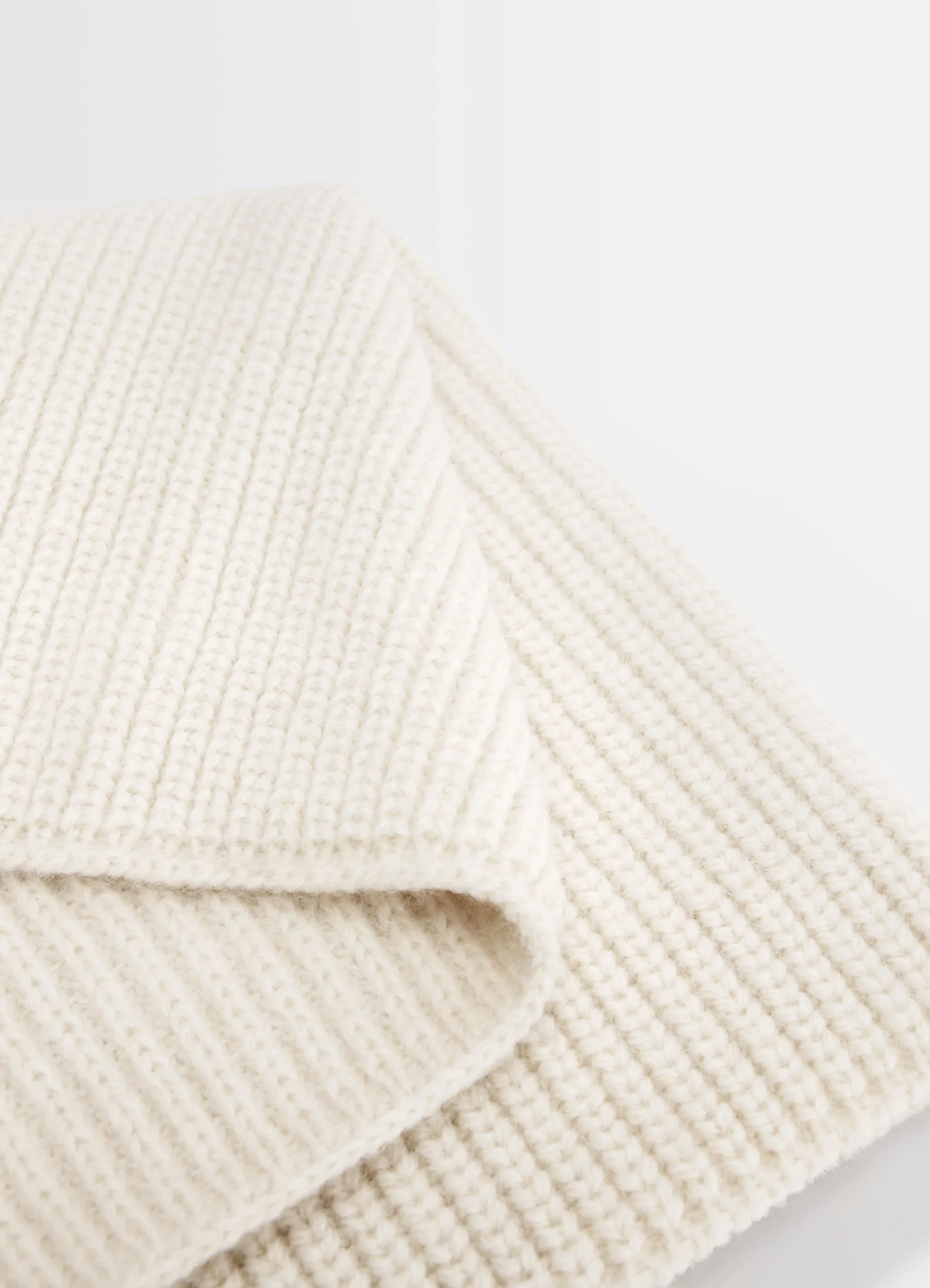 Ribbed wool alpaca snood in cream wool alpaca blend, product shot, folded detail shot textured layer view