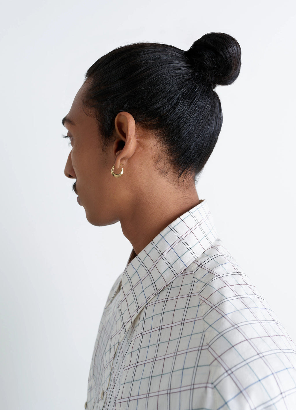 Lemaire Mini Drop Earring in Vermeil, model shot, side view worn with hair in bun