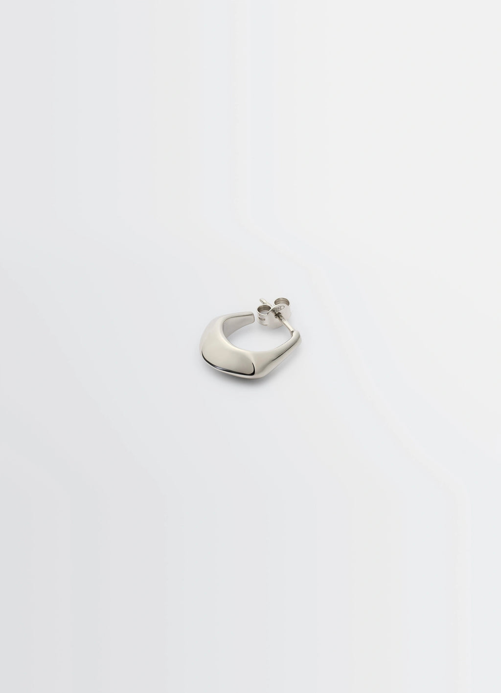 MINI DROP EARRING in rhodium-plated silver, product shot, angled detail shot sleek asymmetric curve