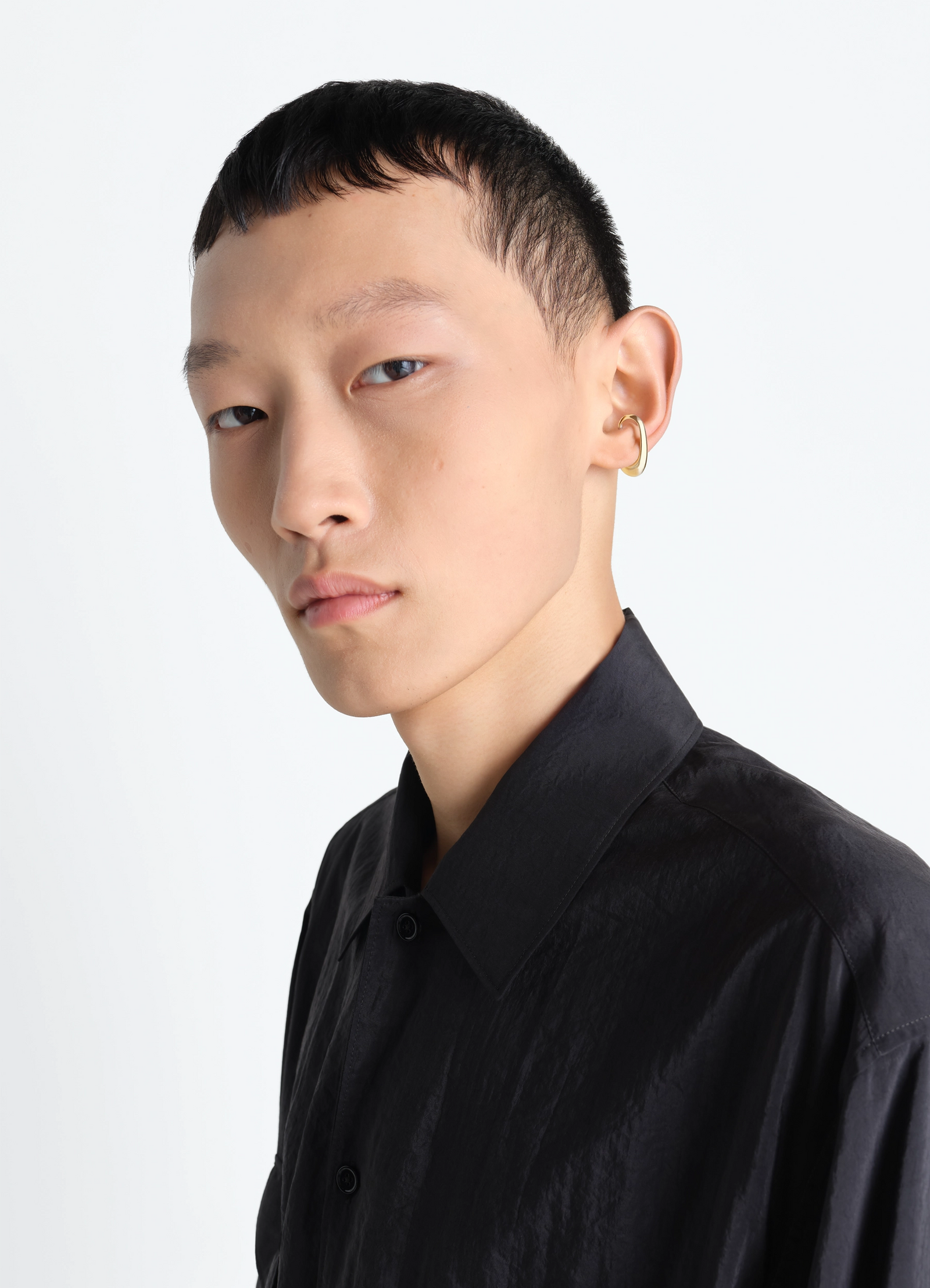 Long drop earcuff in vermeil, model shot, side view minimalist style