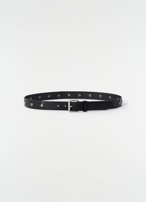 Marguerite black vegetable-tanned leather belt with silver studs lemaire flat lay on white background