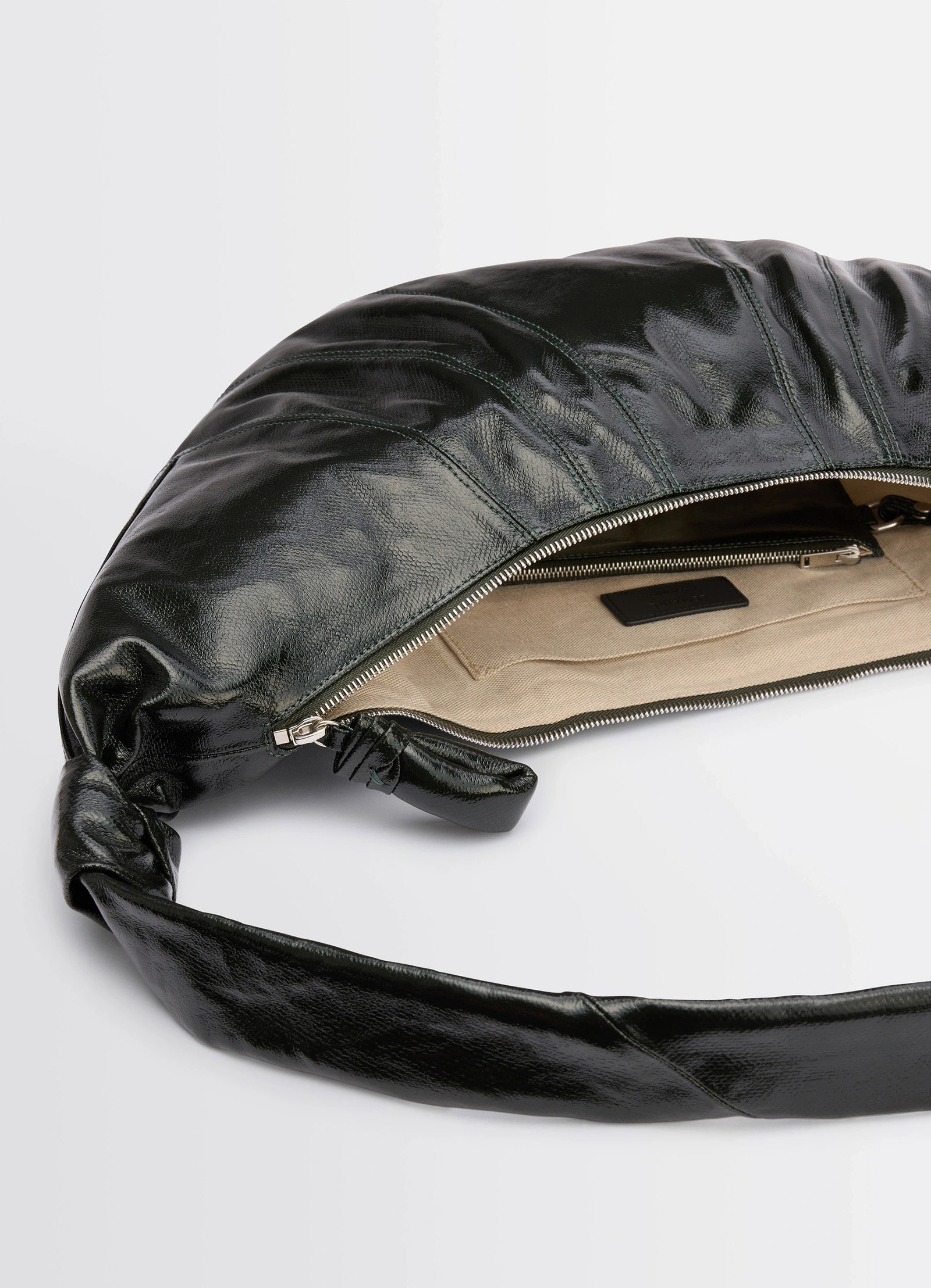 Lemaire large croissant bag in coated cotton canvas, product shot, top detail view gathered seam, open zipper