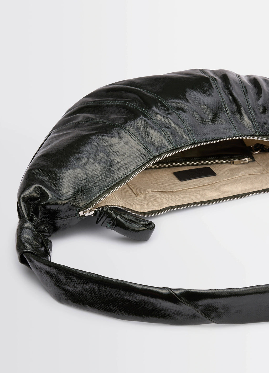 Lemaire Large Croissant Bag in Coated Cotton Canvas, product shot, top detail view gathered seam, open zipper